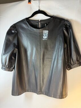 Versona Black Faux Leather Puff Sleeve Top Blouse Size Large